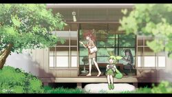  3girls aged_up ahoge alternate_costume architecture artist_logo bag bamboo_screen barefoot blade blunt_bangs blurry blurry_foreground brown_hair closed_mouth commentary_request day east_asian_architecture electric_fan eye_contact foliage from_outside grass green_hair green_hairband green_shorts grey_skirt hairband headgear highres hime_cut kasugai_isoya leaving letterboxed long_hair long_sleeves looking_at_another low_ponytail mosquito_coil multiple_girls nintendo_switch office_lady open_mouth outdoors pencil_skirt ponytail red_eyes seiza shorts shoulder_bag siblings sisters sitting skirt smile summer suspender_shorts suspenders tatami touhoku_kiritan touhoku_zunko tree veranda very_long_hair voiceroid voicevox waving wide_shot wind_chime yellow_eyes zundamon 