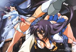  00s 2girls :o abe_nozomu absurdres ahoge antenna_hair ass back battle bent_over black_hair blue_eyes boots breasts china_dress chinese_clothes cleavage clothes_lift dimples_of_venus downblouse dress dress_lift eye_contact fighting fighting_stance fingerless_gloves foreshortening gloves hair_between_eyes hair_tubes hanging_breasts high_kick highres ikkitousen ikkitousen_dragon_destiny indoors kakouen_myousai kan&#039;u_unchou kicking kneehighs large_breasts legs long_hair looking_at_another loose_socks megami_magazine midriff miniskirt multiple_girls necktie no_bra official_art open_clothes open_mouth open_shirt panties pantyshot pleated_skirt polearm ponytail purple_hair scan school_uniform serafuku shirt sidelocks skirt socks spread_legs thong torn_clothes underwear very_long_hair weapon white_legwear white_panties wind wind_lift 
