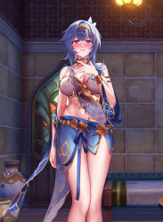  1girl absurdres arabian_clothes armlet armpits arms_up bikini blue_hair blush bracer breasts cleavage covered_erect_nipples eula_(genshin_impact) genshin_impact hairband hand_on_own_chest highres indoors jewelry large_breasts looking_at_viewer mangshe_jiao nail_polish navel necklace parted_lips purple_eyes red_nails see-through short_hair smile solo strapless strapless_bikini swimsuit thighs white_bikini yellow_hairband  rating:Sensitive score:32 user:danbooru