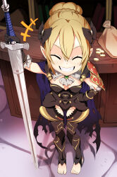  +++ 1girl absurdres armor armpits ascot bag barefoot black_armor blonde_hair bow breasts cape child claymore_(sword) cleavage closed_eyes coin coin_purse commission commissioner_upload counter dragon_girl eudetenis fang fire_emblem fire_emblem_fates frilled_sleeves frills greatsword hair_between_eyes hair_bun hair_ornament hand_on_own_hip happy highres kana_(female)_(fire_emblem) kana_(fire_emblem) laughing leg_armor leotard looking_at_viewer mesugaki nintendo pauldrons pov shadow shield shop short_hair shoulder_armor small_breasts smile smirk smug solo stone_floor sword teeth thigh_gap thighs torn_cape torn_clothes weapon  rating:General score:71 user:Wanderer2691