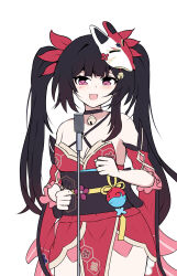  1girl absurdres bare_shoulders bell black_choker black_hair black_sash breasts choker cleavage commentary cowboy_shot criss-cross_halter detached_sleeves dress facial_mark flat_color fox_mask halterneck highres honkai:_star_rail honkai_(series) jingle_bell long_hair marintruth mask mask_on_head never_gonna_give_you_up obi pink_eyes red_dress rick_astley sash short_sleeves simple_background solo sparkle_(honkai:_star_rail) standing twintails very_long_hair white_background 