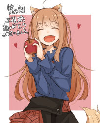  1girl :d ^_^ ahoge animal_ear_fluff animal_ears apple ayakura_juu black_skirt blue_shirt border brown_hair choppy_bangs closed_eyes commentary_request facing_viewer fang food fruit heart holding holding_food holding_fruit holo long_hair long_sleeves open_mouth outside_border pink_background pouch red_sash sash shirt sidelocks skirt smile solo spice_and_wolf tail translation_request upper_body white_border wolf_ears wolf_girl wolf_tail 