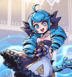 1girl :d ahoge arms_behind_back bare_shoulders black_bow black_dress bow breasts collarbone commentary_request cowboy_shot detached_sleeves dress green_eyes green_hair grey_dress gwen_(league_of_legends) hair_bow holding holding_scissors indoors league_of_legends long_hair multicolored_background open_mouth phantom_ix_row scissors small_breasts smile solo strapless strapless_dress teeth tongue upper_teeth_only rating:General score:13 user:danbooru