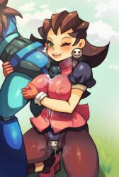  1boy 1girl absurdres blush breasts brown_hair bulge chastity_belt covered_erect_nipples drcockula earrings erection erection_under_clothes facing_viewer grabbing_own_breast green_eyes highres jewelry large_breasts looking_at_viewer mega_man_(series) mega_man_legends_(series) mega_man_volnutt nipples one_eye_closed paizuri paizuri_over_clothes pantyhose reverse_paizuri skull_earrings thick_thighs thighs tron_bonne_(mega_man) tucked_penis wet wide_hips wink  rating:Explicit score:33 user:R00DUDE