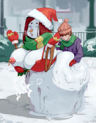  1boy 1girl :o ass_grab bonnet breasts brown_hair clothed_sex clothes grabbing grabbing_another&#039;s_ass grabbing_from_behind hat highres huge_breasts long_hair looking_at_viewer materclaws monster_girl nipples open_mouth purple_eyes red_hair santa_hat sex sex_from_behind short_hair snow snowman  rating:Explicit score:96 user:xAkira