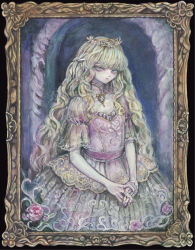  1girl acrylic_paint_(medium) blonde_hair brooch commentary_request dress expressionless flat_chest flower highres jewelry laurel_crown long_hair looking_at_viewer original own_hands_together painting_(medium) pale_skin picture_frame pink_dress pink_flower pink_rose rose solo sumire_shisei traditional_media wavy_hair white_eyes 