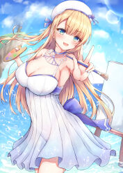 1girl :d armpits back_bow bare_arms bare_shoulders beret blonde_hair bloom blue_bow blue_eyes blue_nails blue_sky blunt_bangs blush bow breasts cleavage cloud commentary_request dress eyelashes halterneck hat highres holding holding_brush large_breasts lens_flare long_hair looking_at_viewer moe2020 ocean open_mouth original ryakusun sidelocks sky sleeveless sleeveless_dress smile solo sparkle standing thighs v white_dress white_hat rating:Sensitive score:5 user:danbooru