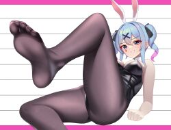  1girl blue_eyes blue_hair devil_fish feet highres leotard long_hair looking_at_viewer original pantyhose parted_lips playboy_bunny rabbit_ears smile soles toes twintails 