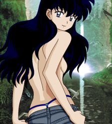  1girl black_hair blue_eyes blue_hair blue_panties denim derivative_work g-string higurashi_kagome inuyasha jeans long_hair matching_hair/eyes non-web_source panties pants photo-referenced reference_work solo thong tomboy topless underwear vector_trace whale_tail_(clothing)  rating:Questionable score:55 user:danbooru
