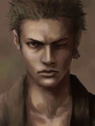  1boy earrings f_(zxc0000) green_hair jewelry looking_at_viewer male_focus one-eyed one_piece realistic roronoa_zoro scar short_hair solo  rating:Sensitive score:12 user:witxe