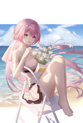  1girl absurdres bare_legs bare_shoulders barefoot beach bikini bikini_top_only blue_eyes blue_sky book bow breasts chinese_commentary cleavage collarbone commentary_request elysia_(honkai_impact) elysia_(summer_miss_elf)_(honkai_impact) feet_on_chair flower hair_between_eyes hair_bow highres holding holding_book honkai_(series) honkai_impact_3rd large_breasts ling_kongling long_hair looking_at_viewer ocean on_chair open_book open_mouth pink_hair pink_pupils pointy_ears sand sitting_sideways skirt sky smile solo strap_slip swimsuit toes very_long_hair white_bikini white_bow white_skirt 