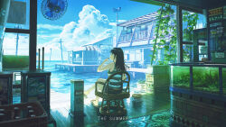 1girl awning bare_arms black_hair black_skirt blue_sky building chair cigarette cloud commentary_request crossed_legs cumulonimbus_cloud day electric_fan fish_tank flip-flops highres holding holding_cigarette long_hair original pier power_lines railing rug sandals scenery sidelocks sitting skirt sky solo striped_tank_top sugi87 summer tank_top window wooden_floor 