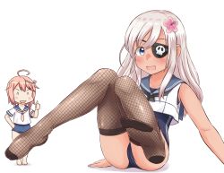 2girls ahoge ass blue_eyes blush eyepatch fishnet_pantyhose fishnets flower hair_between_eyes hair_flower hair_ornament headband i-58_(kancolle) kantai_collection legs_up long_hair looking_at_viewer multiple_girls one-piece_swimsuit one-piece_tan open_mouth pantyhose pink_hair ro-500_(kancolle) school_swimsuit school_uniform serafuku short_hair simple_background sitting skull smile standing swimsuit swimsuit_under_clothes tan tanline thighhighs thighs thumbs_up tsukemon white_background white_hair rating:Sensitive score:9 user:danbooru