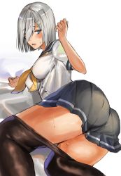 1girl arm_support ass blue_eyes blue_skirt blush bob_cut breasts clothes_pull hair_ornament hair_over_one_eye hairclip hamakaze_(kancolle) hand_up highres inusaka kantai_collection large_breasts looking_at_viewer lying oekaki on_side open_mouth pantyhose pantyhose_pull pleated_skirt school_uniform serafuku short_hair short_sleeves silver_hair simple_background skirt solo striped_clothes striped_skirt taut_clothes wet white_background yellow_neckwear rating:Questionable score:8 user:danbooru