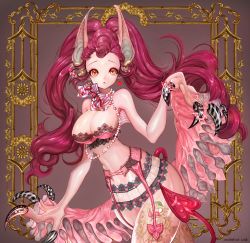 1girl 2016 absurdres animal_ears artist_name bad_anatomy bad_id bad_pixiv_id bat_(animal) bat_ears black_nails breasts brown_eyes candlefish claws earrings furry furry_female garter_straps heart highres jewelry large_breasts long_hair looking_at_viewer midriff monster_girl nail_polish necklace original solo tail 