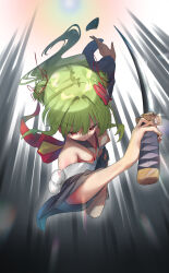 1girl absurdres bare_shoulders black_kimono blunt_bangs breasts closed_mouth commentary criss-cross_halter eyes_visible_through_hair floating_clothes floating_hair foreshortening from_above full_body green_hair hair_ribbon halterneck hand_up highres holding holding_sword holding_weapon honotuki incoming_attack japanese_clothes katana kimono long_hair long_sleeves motion_lines murasame_(senren) nipple_slip nipples pom_pom_(clothes) red_eyes red_ribbon ribbon senren_banka serious sheath short_kimono simple_background small_breasts solo sword tsurime two_side_up v-shaped_eyebrows very_long_hair weapon wide_sleeves 