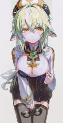  1girl absurdres alternate_breast_size animal_ears blush breasts cleavage cleavage_cutout clothing_cutout commentary_request cowboy_shot ears_down frilled_skirt frills garter_straps genshin_impact glasses green_hair grey_hair hair_between_eyes hat highres indol large_breasts leaning_forward long_hair long_sleeves looking_at_viewer multicolored_hair parted_lips semi-rimless_eyewear sidelocks simple_background skirt solo streaked_hair sucrose_(genshin_impact) thighhighs under-rim_eyewear unworn_eyewear vision_(genshin_impact) white_hair yellow_eyes zettai_ryouiki  rating:Sensitive score:38 user:danbooru