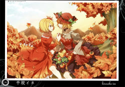  2girls absurdres aki_minoriko aki_shizuha apple apron artist_name autumn blonde_hair blue_sky choker closed_eyes cloud day family food frills fruit grapes hat highres hirasaka_ine holding_hands leaf leaf_on_head long_sleeves looking_at_another maple_leaf mob_cap mountain multiple_girls nail_polish object_on_head open_mouth orange_(fruit) pear persimmon scan shirt short_hair siblings sisters skirt skirt_set sky smile touhou tree vest wide_sleeves yellow_eyes 