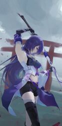 1girl acheron_(honkai:_star_rail) arm_up armpits asymmetrical_footwear black_choker black_gloves black_shorts boots breasts chain choker cleavage coat coattails detached_sleeves gloves hair_over_one_eye holding holding_sword holding_weapon honkai:_star_rail honkai_(series) long_hair medium_breasts midriff minono_mn multicolored_hair navel purple_eyes purple_hair scabbard sheath sheathed short_shorts shorts single_bare_shoulder solo stomach streaked_hair sword thigh_boots torii weapon white_coat