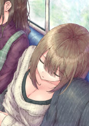 1boy 2girls aramachi breasts brown_hair cleavage closed_eyes commentary_request hair_between_eyes highres leaning_on_person leaning_to_the_side multiple_girls original pov sitting sleeping sleeping_on_person solo_focus sweater train_interior rating:Sensitive score:19 user:danbooru
