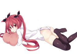 10s 1girl aria_(schwarza97rw0rd) ass breasts date_a_live food hair_ornament highres itsuka_kotori long_hair looking_at_viewer lying on_stomach pillow red_eyes red_hair ribbon solo thighhighs twintails rating:Sensitive score:39 user:danbooru