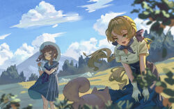  2girls :d :o absurdres blonde_hair blue_dress blue_neckerchief blue_sailor_collar blue_skirt blue_sky blurry blurry_foreground brown_hair cloud collared_shirt day dog dress dutch_angle eagle_(reverse:1999) feet_out_of_frame gloves grass green_eyes hands_on_own_knees hat highres leaning_forward long_hair long_skirt looking_at_animal low_twintails mountain multiple_girls nature neckerchief official_alternate_costume open_mouth outdoors plant reverse:1999 sailor_collar sailor_dress shirt short_sleeves skirt sky smile sotheby standing twintails white_gloves white_hat white_shirt zzzzzziyao 