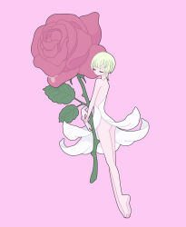  1boy androgynous ass barefoot blonde_hair braid closed_eyes dress expressionless facing_viewer flower full_body highres holding holding_flower king_of_prism kisaragi_louis male_focus nyaasechan oversized_object pink_background pink_flower pink_rose pretty_rhythm pretty_series rose short_hair simple_background solo standing trap white_dress 