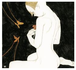  1girl ass back black_background bowl_cut brown_eyes brown_hair bug butterfly colored_skin flower holding holding_flower insect kishi_takuya loli looking_down nude original painting_(medium) profile red_flower sitting skinny soles solo traditional_media watercolor_(medium) white_skin 