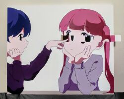  2girls arm_support black_eyes blue_hair blunt_bangs closed_mouth collared_shirt commentary_request elbows_on_table eye_contact fourth_wall grey_shirt hand_on_own_cheek hand_on_own_face head_on_hand head_rest highres long_hair long_sleeves looking_at_another momoe_(mme_daigaku) multiple_girls open_mouth original painting_(medium) photo_(medium) pink_hair poking profile purple_shirt shirt short_hair simple_background traditional_media twintails white_background 