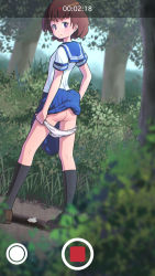 1girl ass black_socks blue_skirt blush breasts brown_footwear brown_hair bush clothes_lift female_focus forest from_behind grass highres kneehighs kusashige looking_back nature panties panty_pull puddle purple_eyes recording shirt shoes short_hair short_sleeves skirt skirt_lift sky small_breasts socks standing tissue tree underwear used_tissue white_panties white_shirt rating:Questionable score:31 user:cpee