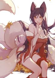 1girl absurdres ahri_(league_of_legends) animal_ears artist_name bare_shoulders black_hair blush breasts cleavage detached_sleeves dress facial_mark flower fox_ears fox_tail grey_background heart highres kyuubi large_breasts league_of_legends long_hair looking_at_viewer multiple_tails orange_flower parted_lips red_dress ruan_chen_yue sitting solo tail teeth thighs whisker_markings rating:Sensitive score:28 user:danbooru
