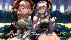  2girls ahoge animal_ears artist_name breasts brown_eyes brown_hair character_name corset dress fang flower forest glasses grass green_dress grey_hair hair_ornament happy_birthday horizontal_pupils horns indie_virtual_youtuber kei-chan_(atlas_kei) large_breasts long_hair lyla_sheepi medium_breasts multiple_girls nature open_mouth pouch ribbed_sweater round_eyewear sheep_ears sheep_girl sheep_horns shuumi_(vtuber) sitting skin_fang skirt sweater tree turtleneck turtleneck_sweater virtual_youtuber white_flower 