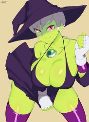  1girl absurdres alien bare_shoulders breasts cheelai cleavage closed_mouth clothes_lift colored_skin dragon_ball dragon_ball_super dress dress_lift fingerless_gloves gloves green_skin halloween halloween_costume hat highres large_breasts lips looking_at_viewer nezulet no_bra no_humans pink_eyes purple_dress purple_thighhighs shiny_skin short_hair simple_background solo thighhighs white_hair witch witch_hat  rating:Sensitive score:222 user:fakyuh