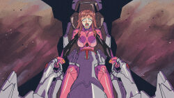  1girl bodysuit breasts brown_hair byackopath_(artist) cockpit commentary_request cosplay debris evangelion_(mecha) film_grain furrowed_brow highres horrified impossible_bodysuit impossible_clothes interface_headset komiya_nikuru_(byackopath) large_breasts long_hair looking_at_viewer neon_genesis_evangelion open_mouth original outstretched_arms parody piloting pink_bodysuit plugsuit scene_reference screaming sitting skin_tight solo the_end_of_evangelion two_side_up wide-eyed 