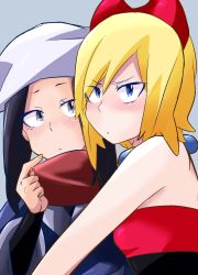  2girls akari_(pokemon) black_hair blonde_hair blue_eyes closed_mouth commentary_request creatures_(company) game_freak grey_background grey_eyes head_scarf highres irida_(pokemon) jewelry long_hair looking_at_another looking_at_viewer medium_hair multiple_girls neck_ring nintendo pokemon pokemon_legends:_arceus red_scarf red_shirt rui_(hershe) scarf scratching_cheek shirt sweat upper_body v-shaped_eyebrows white_headwear yuri 