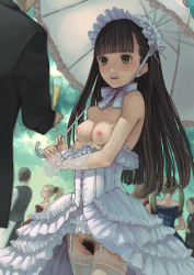 1girl alcohol bare_shoulders blunt_bangs bonnet bow breastless_clothes breasts brown_eyes brown_hair champagne corset dress excessive_pubic_hair female_pubic_hair frilled_dress frills garter_straps gloves highres lace lace-trimmed_legwear lace_trim light_smile long_hair moderate_pubic_hair neck_ribbon nipples no_panties original parasol parted_lips pubic_hair revealing_clothes ribbon ribs small_breasts solo_focus thighhighs third-party_edit umbrella yuzawa rating:Explicit score:155 user:huzzaman