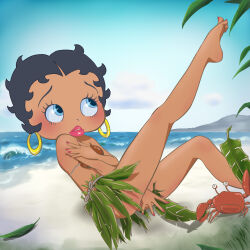  1girl animal barefoot beach betty_boop betty_boop_(character) black_hair blue_eyes blush bra breasts cloud coconut coconut_bra covering_crotch covering_privates crab earrings embarrassed grass grass_skirt hoop_earrings jewelry leaf looking_up lying ocean oira_wa_arumajiro pink_lips pink_nails sand short_hair sky small_breasts tan underwear water 