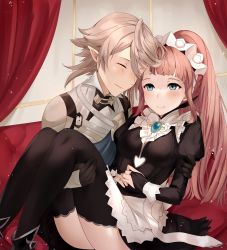  1boy 1girl absurdres apron armor black_dress black_gloves black_thighhighs blue_eyes blunt_bangs blush breasts bridal_gauntlets carrying center_frills closed_eyes closed_mouth commentary commission corrin_(fire_emblem) corrin_(male)_(fire_emblem) dress english_commentary feather_trim felicia_(fire_emblem) fire_emblem fire_emblem_fates fire_emblem_heroes forehead-to-forehead frills gauntlets gloves hair_between_eyes hand_on_another&#039;s_thigh haru_(nakajou-28) heads_together high_ponytail highres juliet_sleeves long_hair long_sleeves maid maid_headdress medium_breasts nintendo pink_hair pointy_ears ponytail princess_carry puffy_sleeves short_hair sidelocks silver_hair sitting smile thighhighs waist_apron white_apron  rating:Sensitive score:19 user:danbooru