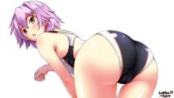 1girl artist_name ass back black_one-piece_swimsuit competition_swimsuit cowboy_shot dated flat_chest hair_between_eyes hair_ornament highres kantai_collection looking_at_viewer looking_back one-piece_swimsuit open_mouth paw_pose purple_hair red_eyes short_hair simple_background solo standing swimsuit tama_(kancolle) tsuchimiya white_background rating:Sensitive score:21 user:danbooru