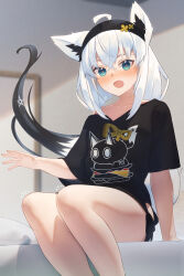  1girl ahoge animal_ear_fluff animal_ears animal_print aqua_eyes black_hairband black_shirt blush collarbone commentary_request earrings food_print fox_ears fox_girl fox_tail hair_between_eyes hairband hand_up highres hololive hoop_earrings indoors jewelry lap_pillow_invitation long_hair low_twintails nejima_kitsune_(shirakami_fubuki) no_pants notice_lines off_shoulder official_alternate_costume on_bed pentagram pillow shirai_yu shirakami_fubuki shirakami_fubuki_(loungewear) shirt short_sleeves side-tie_shirt sidelocks single_bare_shoulder single_earring sitting solo t-shirt tail thighs twintails virtual_youtuber white_hair 