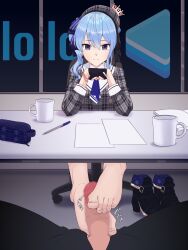  1girl barefoot blue_eyes blue_hair cup feet footjob highres hololive hoshimachi_suisei light_smile long_hair looking_at_viewer mug paingoro pen shoes toes under_table unworn_shoes 