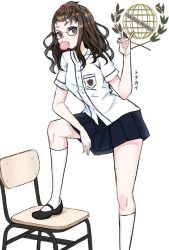  1girl chair chewing_gum glasses kneehighs long_hair original school_uniform skirt socks solo tonakai_takagi 