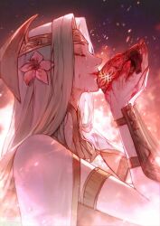  1girl armlet blood blood_on_face blood_on_hands bracer capelet closed_eyes collared_capelet commentary_request embers fire fire_emblem fire_emblem:_three_houses flower from_side gingx02 gold_headband green_hair hair_flower hair_intakes hair_ornament hands_up headband heart heart_(organ) highres holding holding_heart korean_commentary light_smile long_hair nintendo object_kiss pink_flower seiros_(fire_emblem) solo straight_hair tears upper_body white_capelet 