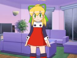  1girl :o animated animated_gif ass blonde_hair blush blush_stickers boots capcom cleft_of_venus clothes_lift dress dress_lift dress_tug female_focus goldmondsel green_eyes hair_ornament hair_ribbon high_ponytail indoors loli long_hair looking_at_viewer looking_back mega_man_(classic) mega_man_(series) no_panties ponytail pussy ribbon roll_(mega_man) short_dress smile solo standing surprised uncensored wind wind_lift  rating:Explicit score:141 user:sytalidis