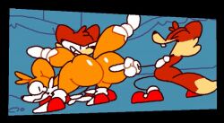  2022 3boys animated animated_gif bullying fox fox_boy furry furry_male furry_with_furry grin laughing male_focus multiple_boys multiple_tails pointing smile sonic_(series) superiorfox tail tail_pull tails_(sonic) two_tails 
