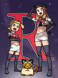  2girls beret black_gloves black_thighhighs blonde_hair blue_eyes blush bonnie_(pokemon) boots bow brown_hair cosplay creatures_(company) crossed_arms dedenne elbow_gloves full_body game_freak gen_1_pokemon gen_6_pokemon gloves habatakuhituji hair_bow hand_on_own_hip hat hip_focus jessie_(pokemon) jessie_(pokemon)_(cosplay) leather leather_gloves legs loli long_hair looking_at_viewer looking_down meowth meowth_(cosplay) midriff miniskirt multiple_girls navel nintendo open_mouth pencil_skirt pokemon pokemon_(anime) pokemon_xy serena_(pokemon) short_hair side_ponytail skirt smile tank_top team_rocket team_rocket_(cosplay) thigh_boots thighhighs uniform white_skirt zettai_ryouiki  rating:Questionable score:33 user:echlight