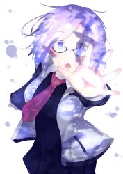 1girl absurdres black-framed_eyewear collared_dress cowboy_shot dappled_sunlight dollain dress eyes_visible_through_hair fate/grand_order fate_(series) glasses highres looking_at_viewer mash_kyrielight necktie open_mouth pink_hair print_necktie purple_eyes reaching reaching_towards_viewer red_necktie simple_background solo standing sunlight tagme white_background 