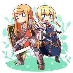  2girls :o armor armored_boots black_footwear black_gloves blonde_hair blue_eyes blue_skirt blue_vest blush boots breastplate closed_mouth collared_shirt commentary_request elbow_gloves etrian_odyssey fingerless_gloves frederica_irving gauntlets gloves gun hair_between_eyes handgun holding holding_gun holding_shield holding_sword holding_weapon long_hair low_twintails multiple_girls naga_u open_mouth orange_hair paladin_2_(sekaiju) pauldrons puffy_short_sleeves puffy_sleeves sekaiju_no_meikyuu shield shin_sekaiju_no_meikyuu shirt short_sleeves shoulder_armor skirt smile standing swept_bangs sword teeth twintails upper_teeth_only very_long_hair vest weapon white_shirt 