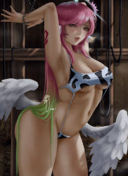  1girl angel_wings animal_print armpits breasts commentary_request spiked_halo cow_print feathered_wings gradient_hair halo jibril_(no_game_no_life) large_breasts long_hair looking_at_viewer low_wings magic_circle mixed-language_commentary multicolored_hair navel no_game_no_life pink_hair signature solo swimsuit tattoo thighs very_long_hair wei_(promise_0820) white_wings wing_ears wings yellow_eyes  rating:Sensitive score:57 user:danbooru