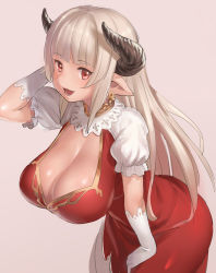 10s 1girl alicia_(granblue_fantasy) aouma blonde_hair breasts cleavage draph gloves granblue_fantasy hanging_breasts highres horns huge_breasts leaning_forward long_hair looking_at_viewer mature_female open_mouth pointy_ears red_eyes smile solo standing venus_symbol white_gloves wide_hips rating:Sensitive score:79 user:danbooru